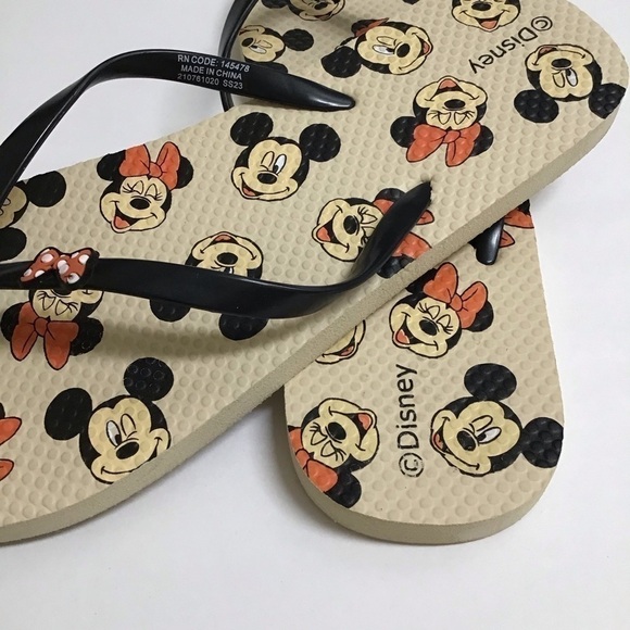 Disney Flip Flops Women’s SZ 10 1/2 Mickey and Minnie Mouse Sandals Red Bows Tan - Picture 4 of 9